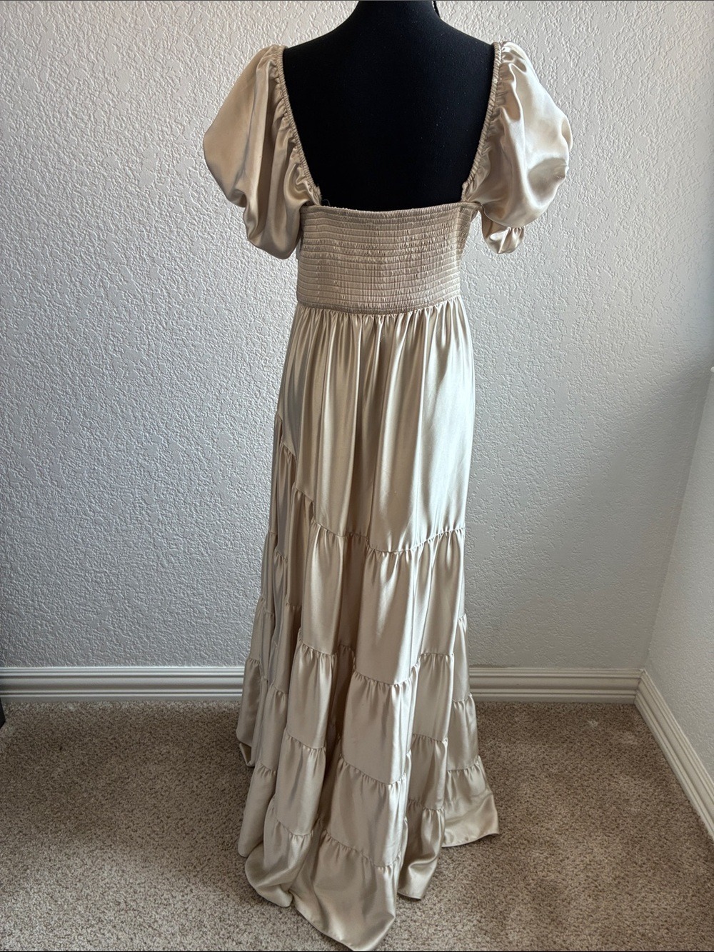 Free People Silky Maxi Dress Ivory Boho Smocked Romantic Short Sleeve M - Picture 7 of 11